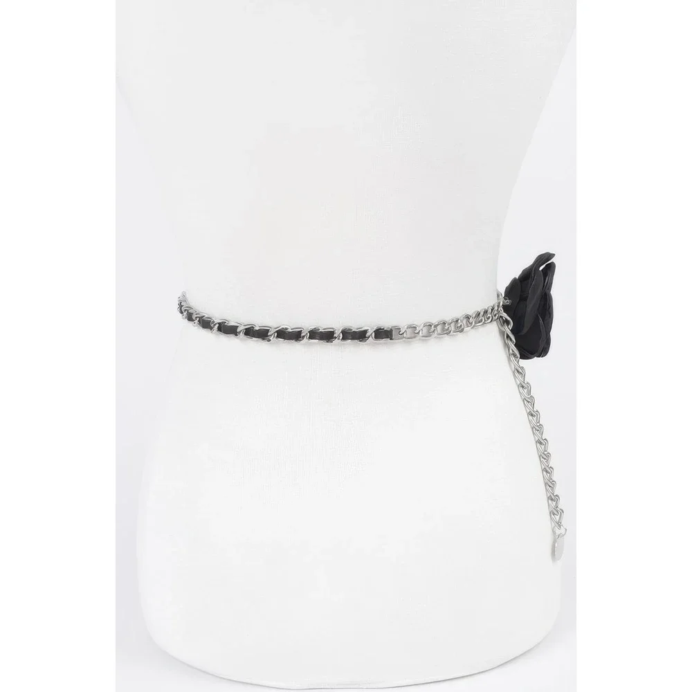 Womens Black Rose Chain‎ Belt Silver Multi Layered Waist Chain Fashion Accessory